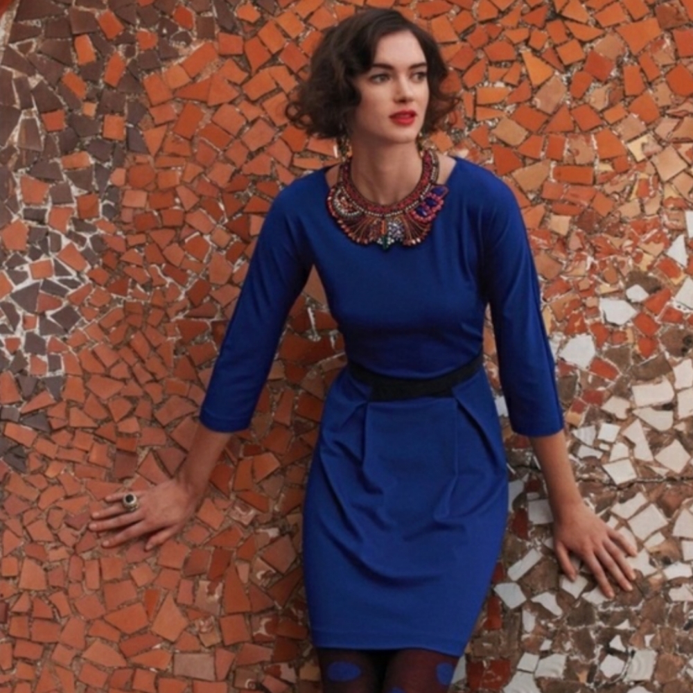 Anthropologie Girls from Savoy Ponte Sapphire Blue Dress Black Velvet Belt